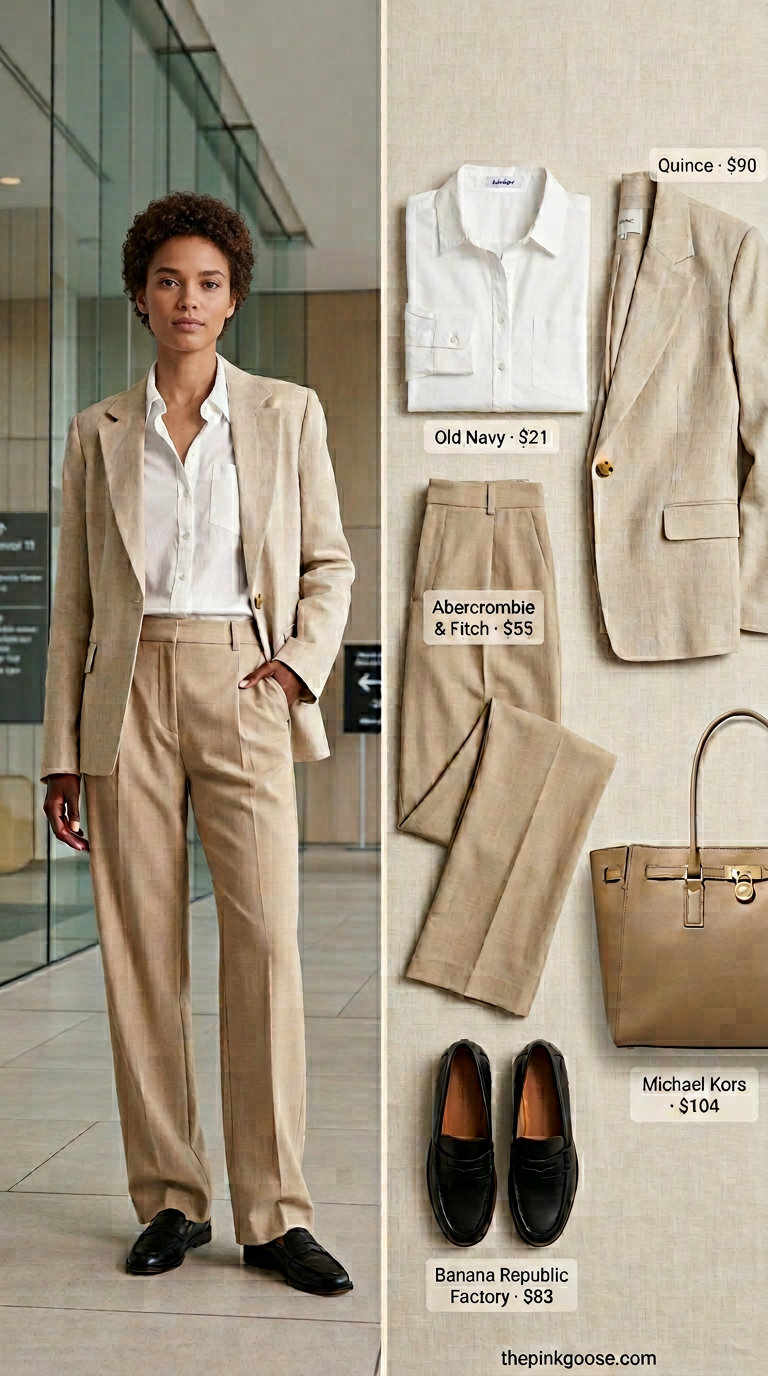 Light summer work outfits for women 2026: Beige trousers with white shirt, grey blazer, and black loafers.