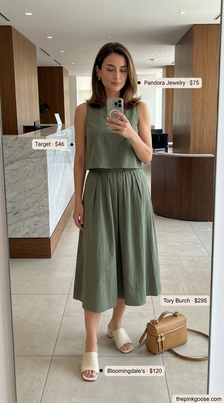 Light summer work outfits for women 2026: Olive green knit set with cream sandals and tan bag.