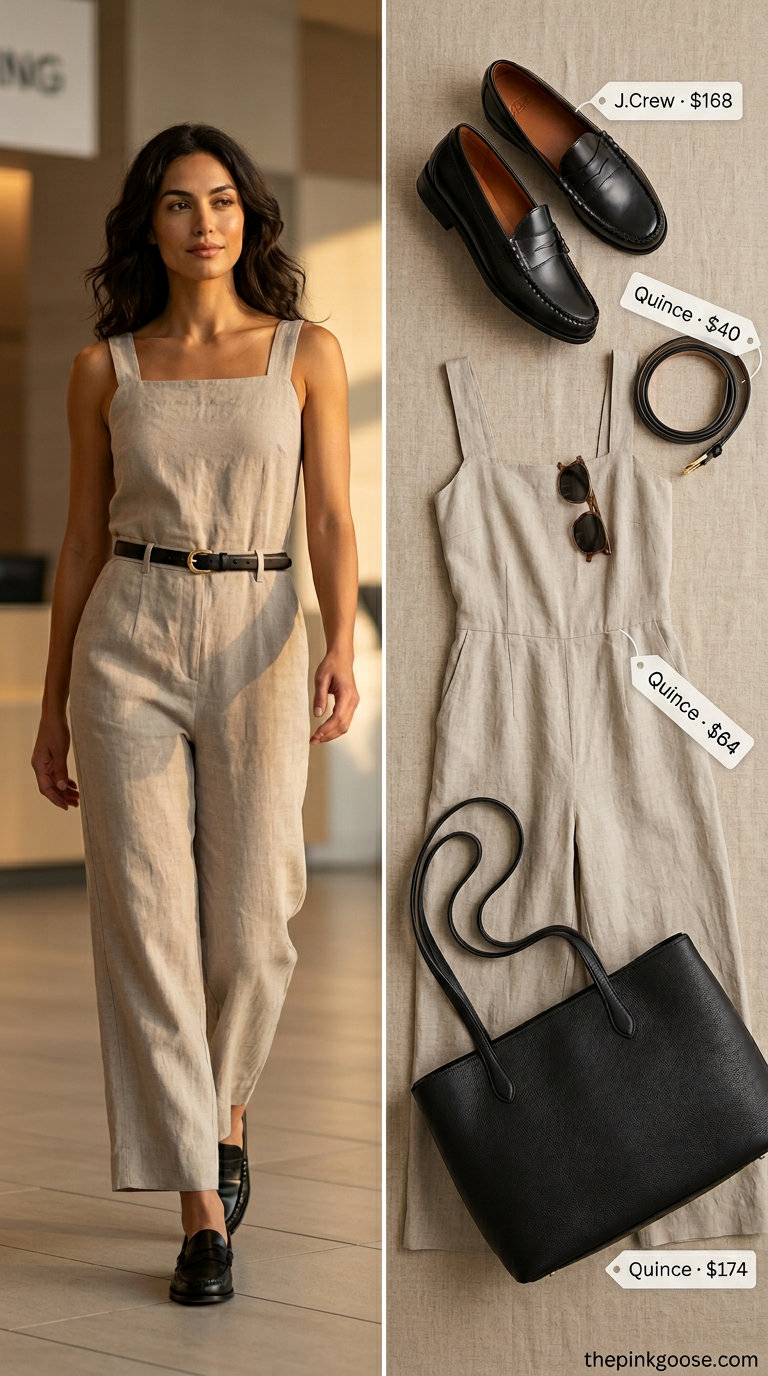Light summer work outfits for women 2026: Taupe linen jumpsuit with black loafers for a chic office look.