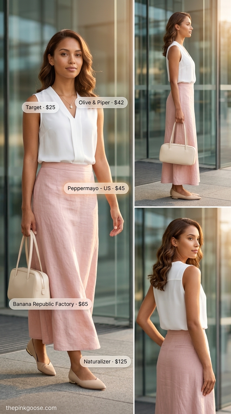 Light summer work outfits for women 2026: Blush pink linen midi skirt with white blouse and nude flats.