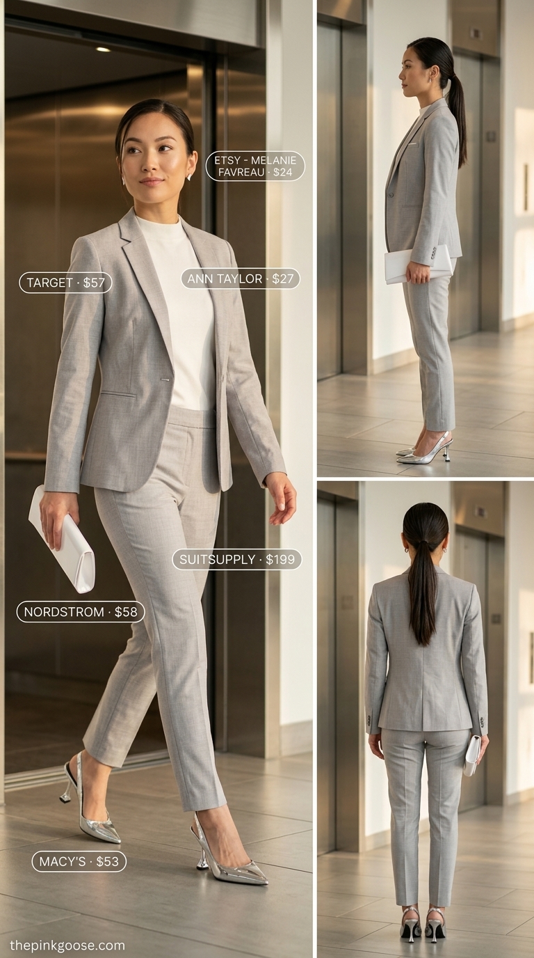 Light summer work outfits for women 2026: Light grey linen suit with white mock neck top and silver heels.