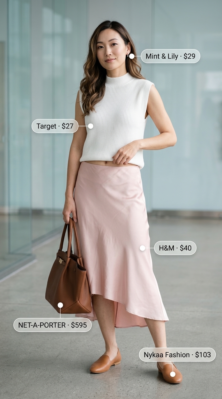 Light summer work outfits for women 2026: Blush pink midi skirt with cream mock neck top for a polished look.