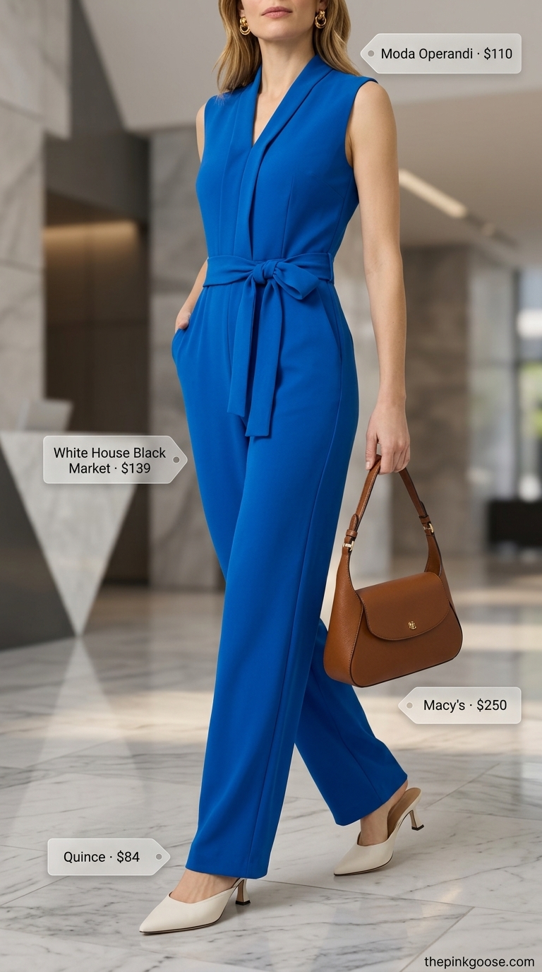 Light summer work outfits for women 2026: Navy sleeveless jumpsuit with tan shoulder bag and ivory mules.