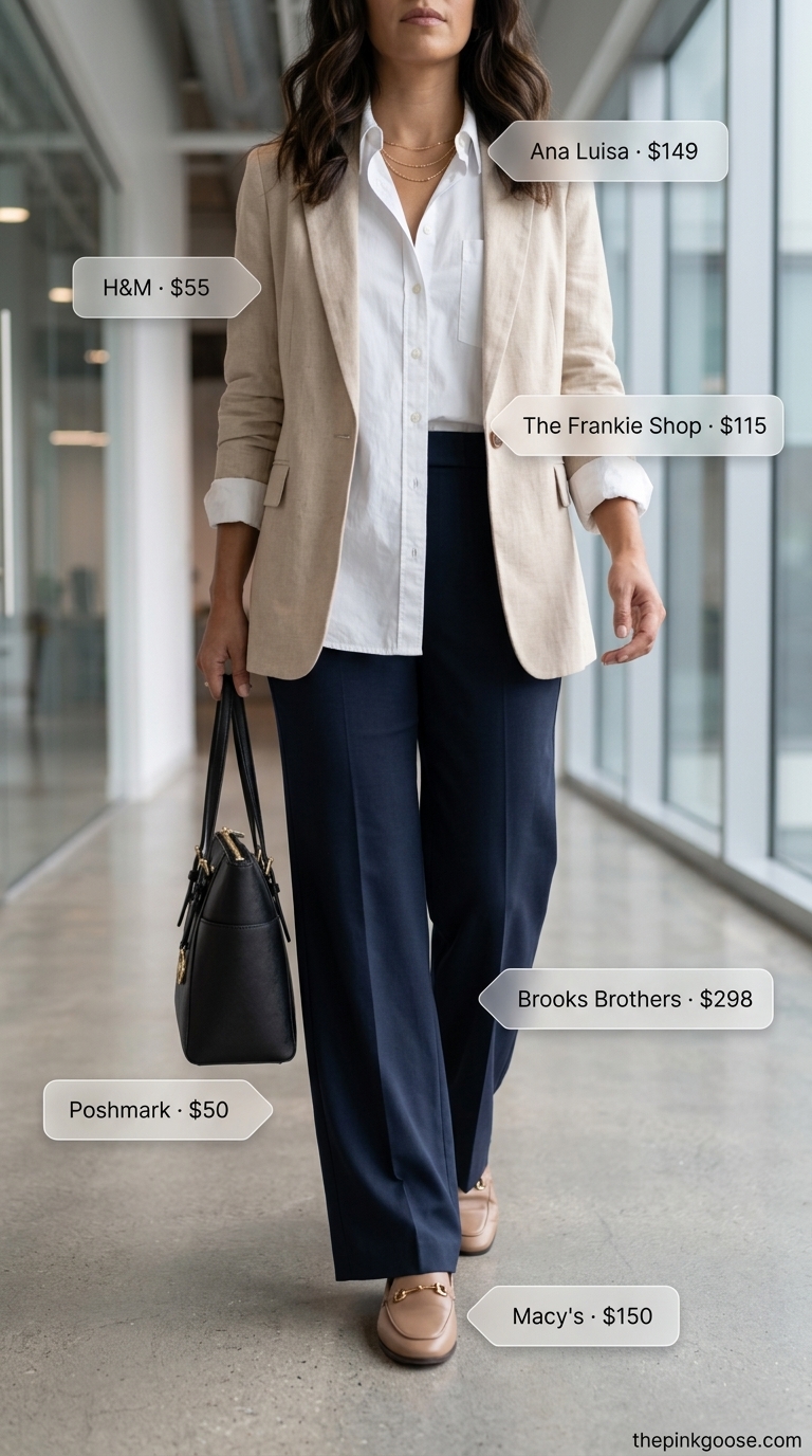 Light summer work outfits for women 2026: Navy wide-leg trousers with white shirt and beige blazer.