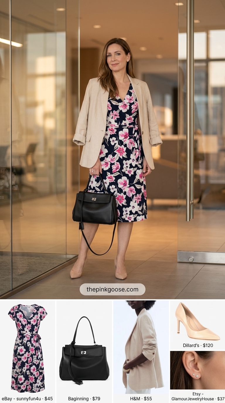 Light summer work outfits for women 2026: Navy floral wrap dress with a beige blazer for business casual.