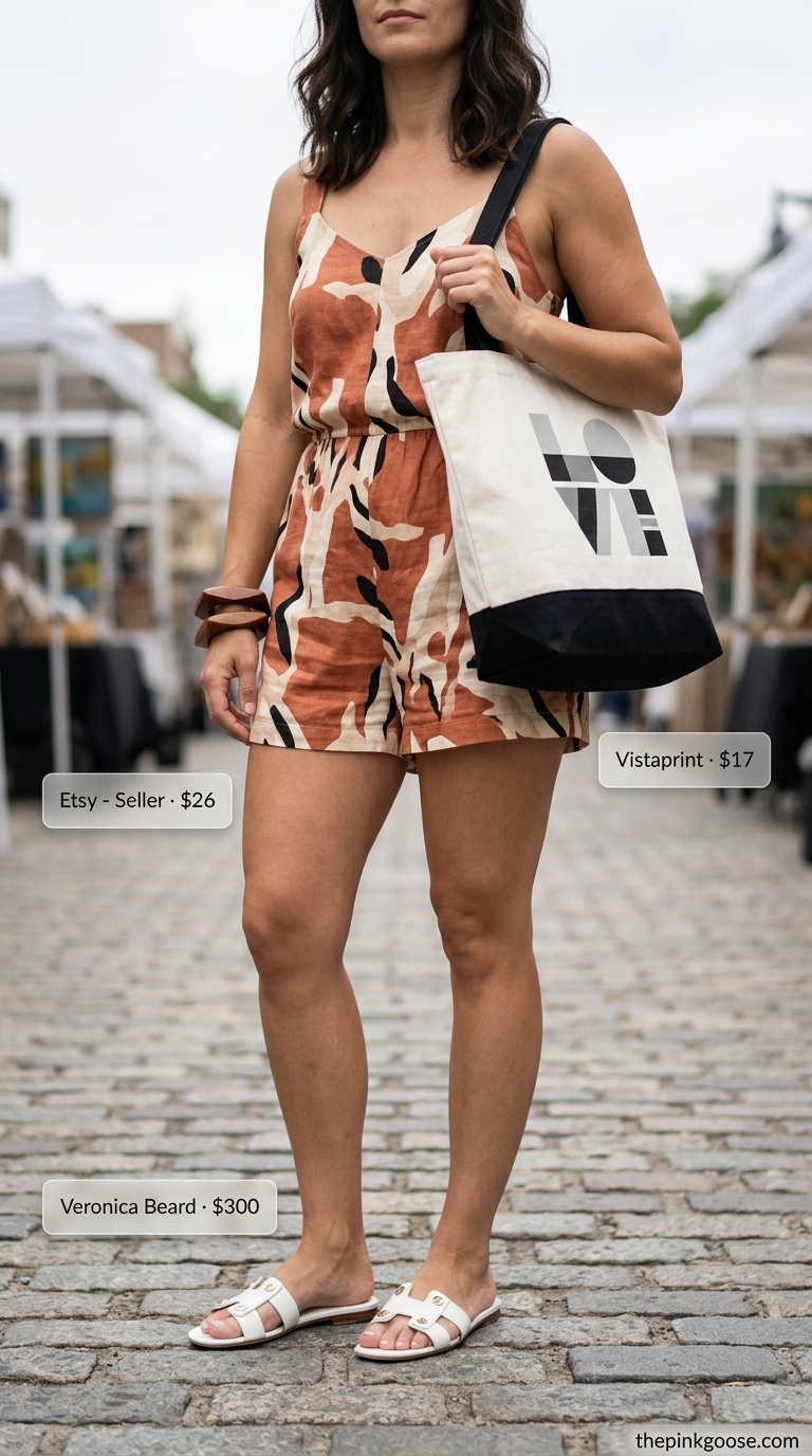 Terracotta abstract print linen summer romper for women 2026, great for art markets.