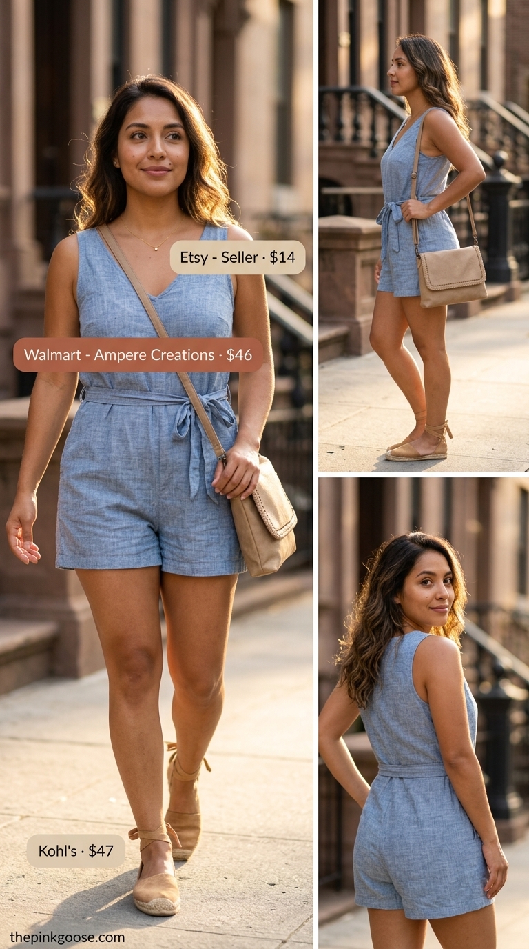 Muted blue abstract print linen summer romper for women 2026, chic for art gallery visits.