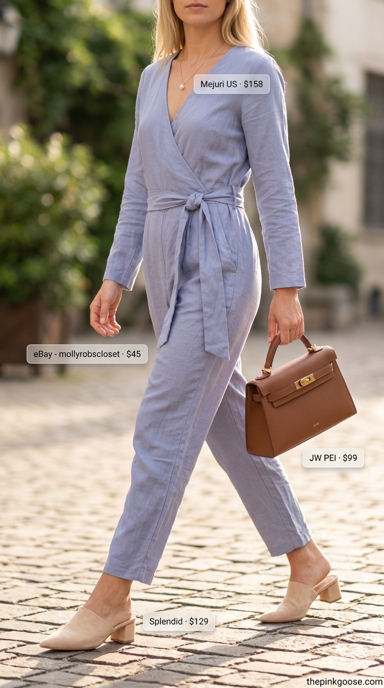 Sky blue wrap-front linen summer romper for women 2026, elegant for lunch dates.