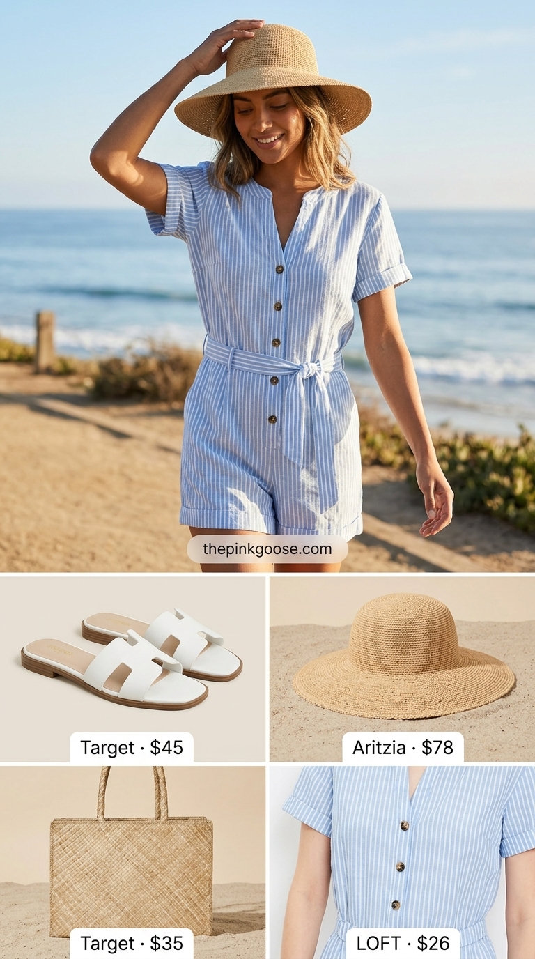 Blue & white striped linen romper for beach day outfits for women 2026. Styled with straw hat & slide sandals.