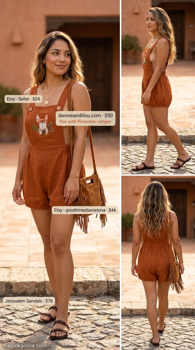 Terracotta linen romper for boho festival outfits for women 2026. Styled with fringe bag & layered necklaces.