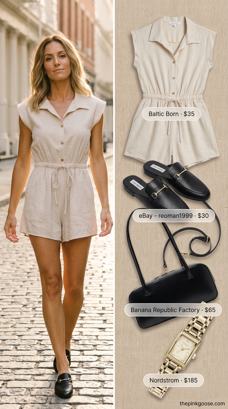 Khaki collared linen summer romper for women 2026, perfect for city strolls and casual lunches.
