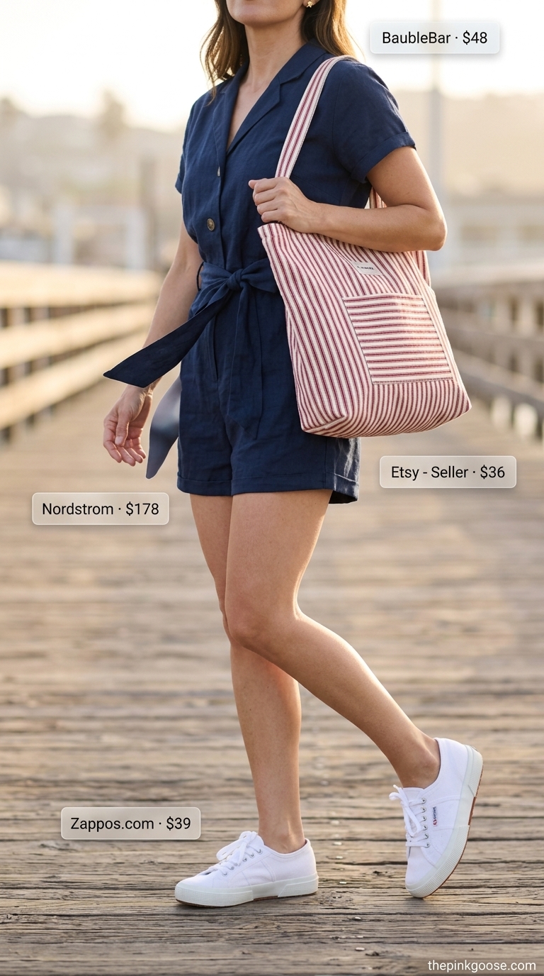 Navy linen summer romper with white piping for women 2026, ideal for seaside brunch.