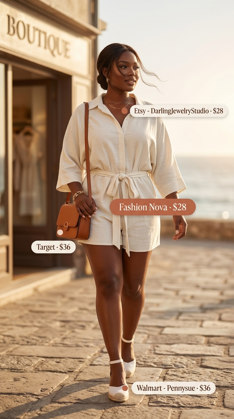 Beige button-front linen summer romper for women 2026, ideal for coastal brunch.