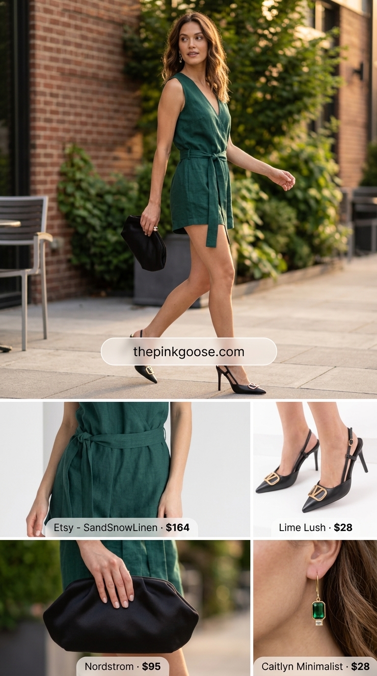 Emerald green tailored linen summer romper for women 2026, sophisticated for evening events.