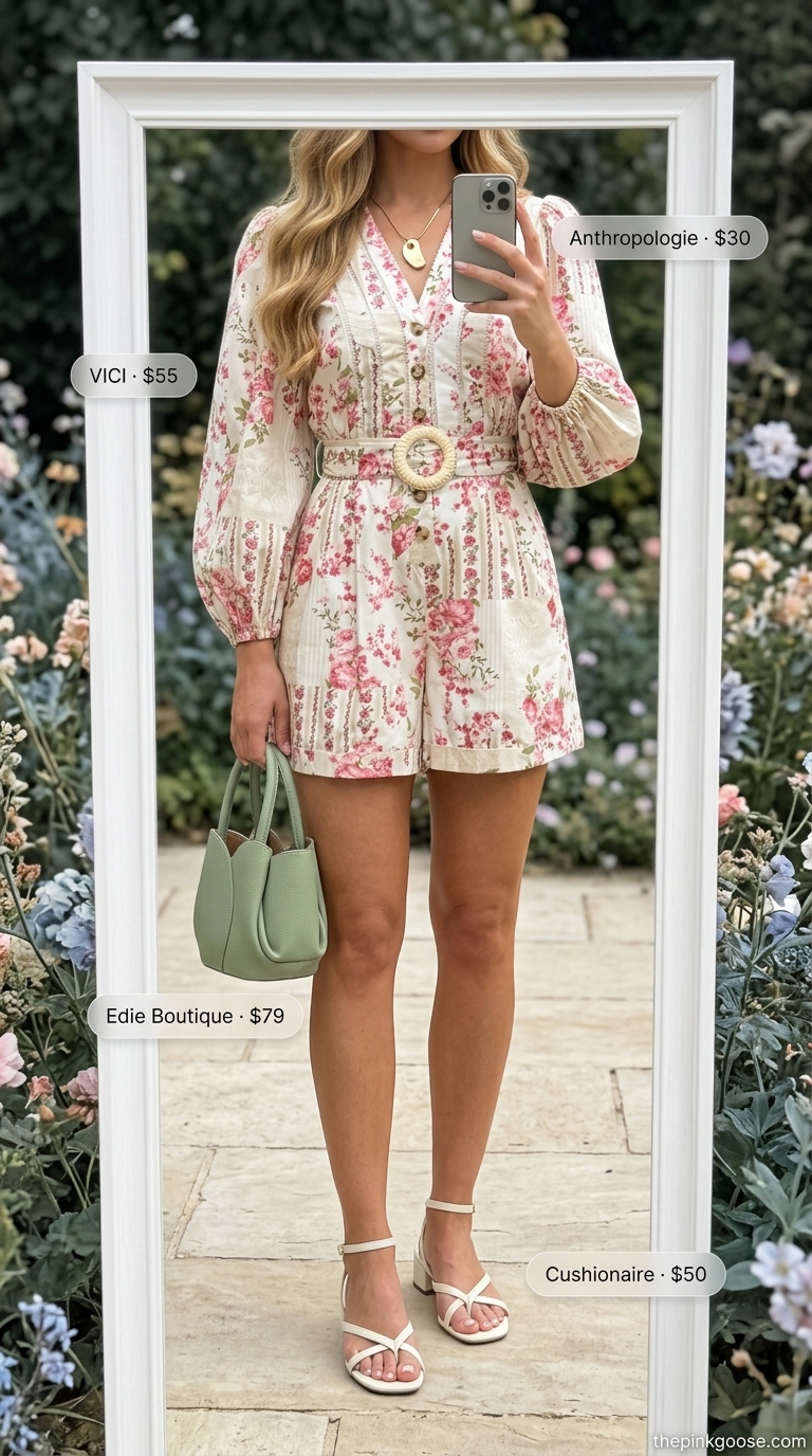 Pink floral linen romper for garden party outfits for women 2026. Styled with cream sandals & sage green bag.