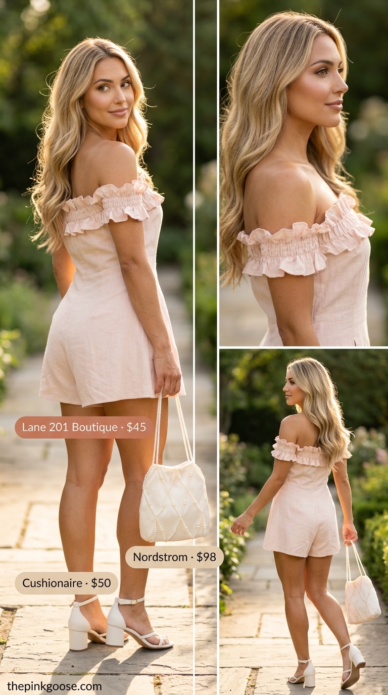 Blush pink linen summer romper with ruffles for women 2026, ideal for garden parties.