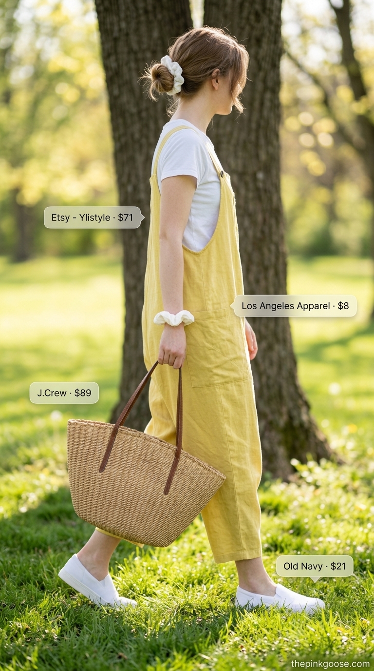 Pale yellow linen romper for park day outfits for women 2026. Styled with white sneakers & straw tote.