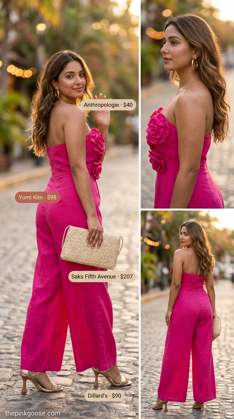 Fuchsia linen romper for resort vacation outfits for women 2026. Paired with gold sandals & straw clutch.