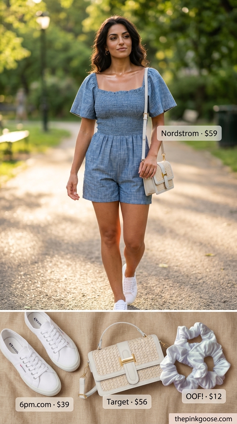 Sky blue linen romper for picnic outfits for women 2026. Styled with white sneakers & straw crossbody.
