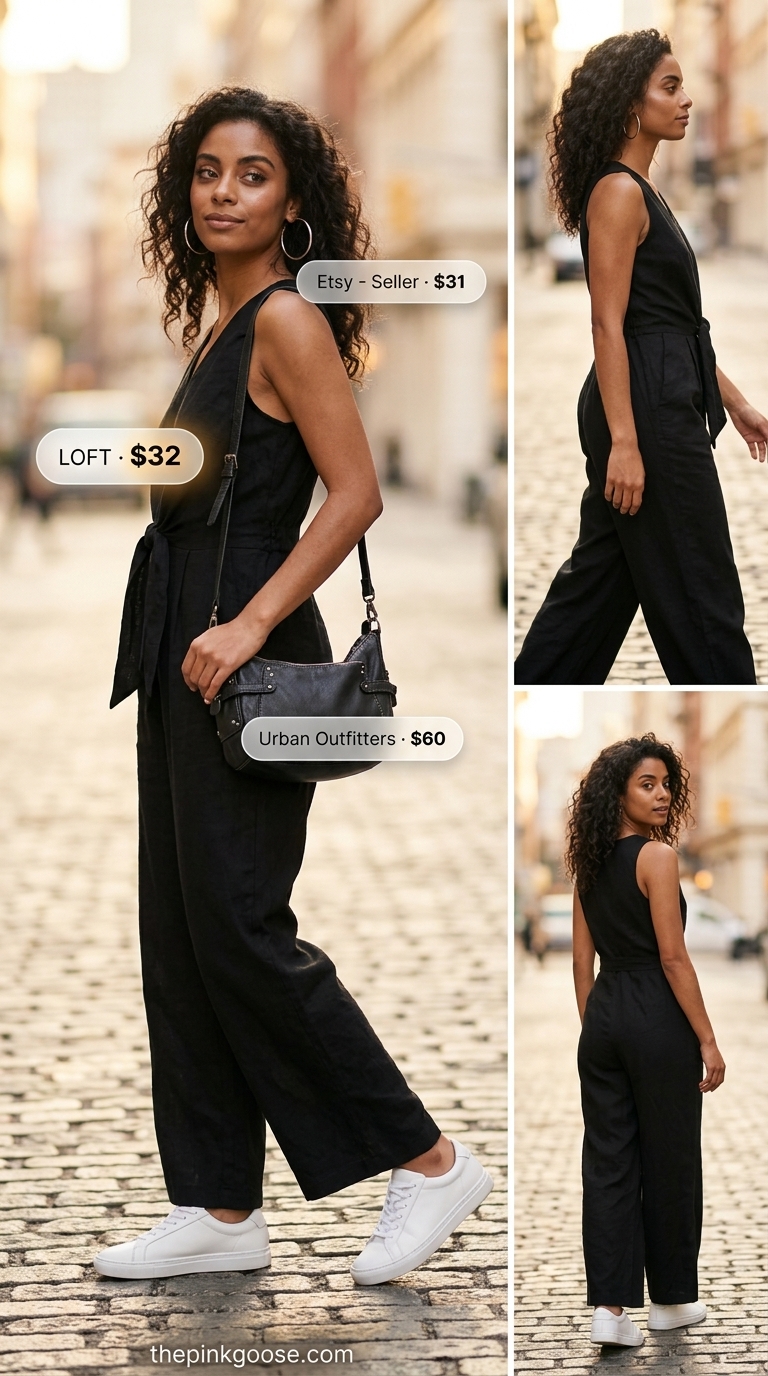 Black linen romper for urban chic outfits for women 2026. Styled with white sneakers & silver jewelry.
