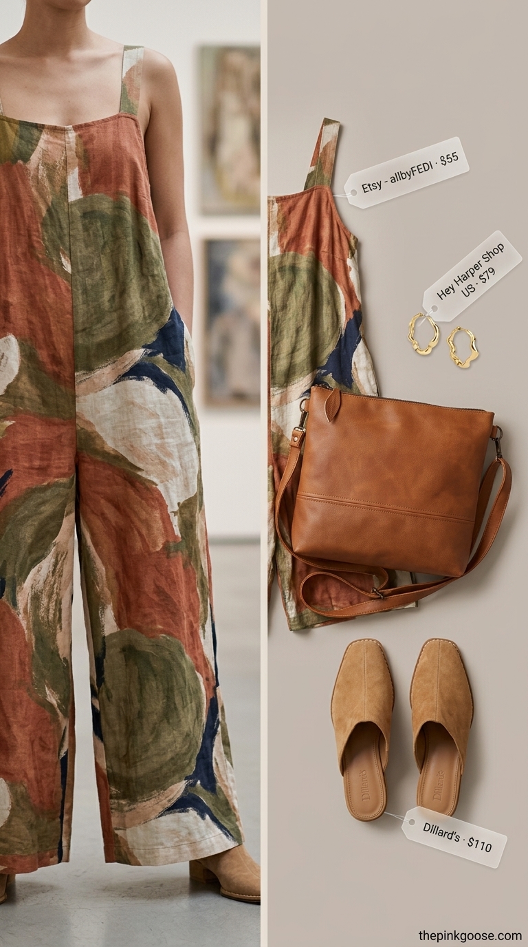 Abstract print linen summer romper outfit for women 2026, for an art gallery hop with block heel mules and leather bag.