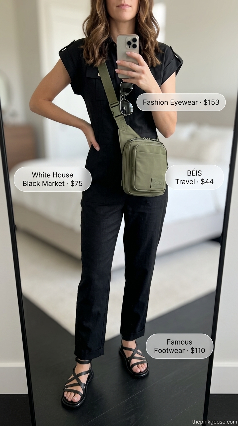 Black linen summer romper outfit for women 2026, for urban safari chic with flat slides and crossbody bag.