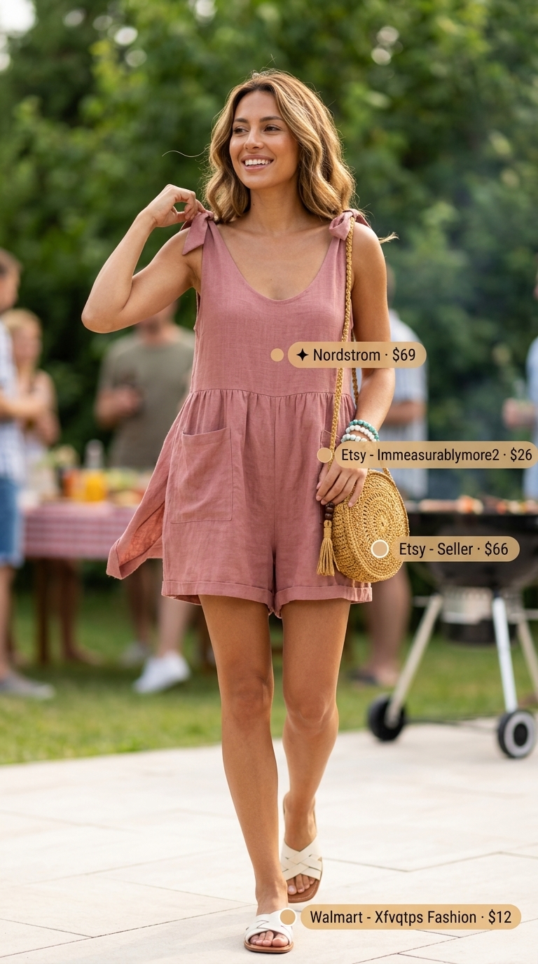 Coral linen summer romper outfit for women 2026, for a vibrant backyard BBQ with raffia bag and beaded bracelets.
