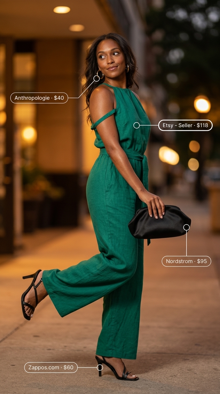 Emerald green linen summer romper outfit for women 2026, for an evening escape with black heels and gold earrings.