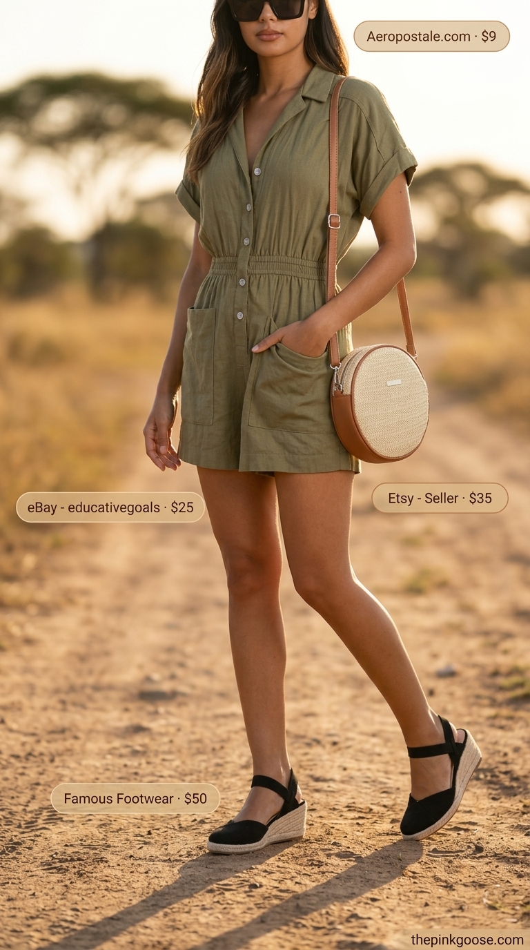 Khaki linen summer romper outfit for women 2026, styled for a safari sunset stroll with black espadrilles and crossbody bag.