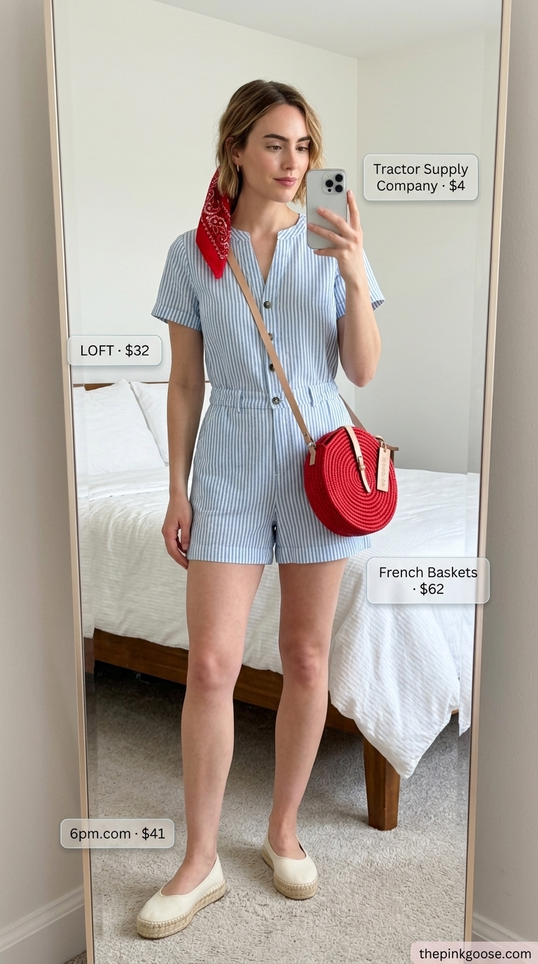 Navy and white striped linen summer romper outfit for women 2026, ideal for a Riviera retreat with white espadrilles.