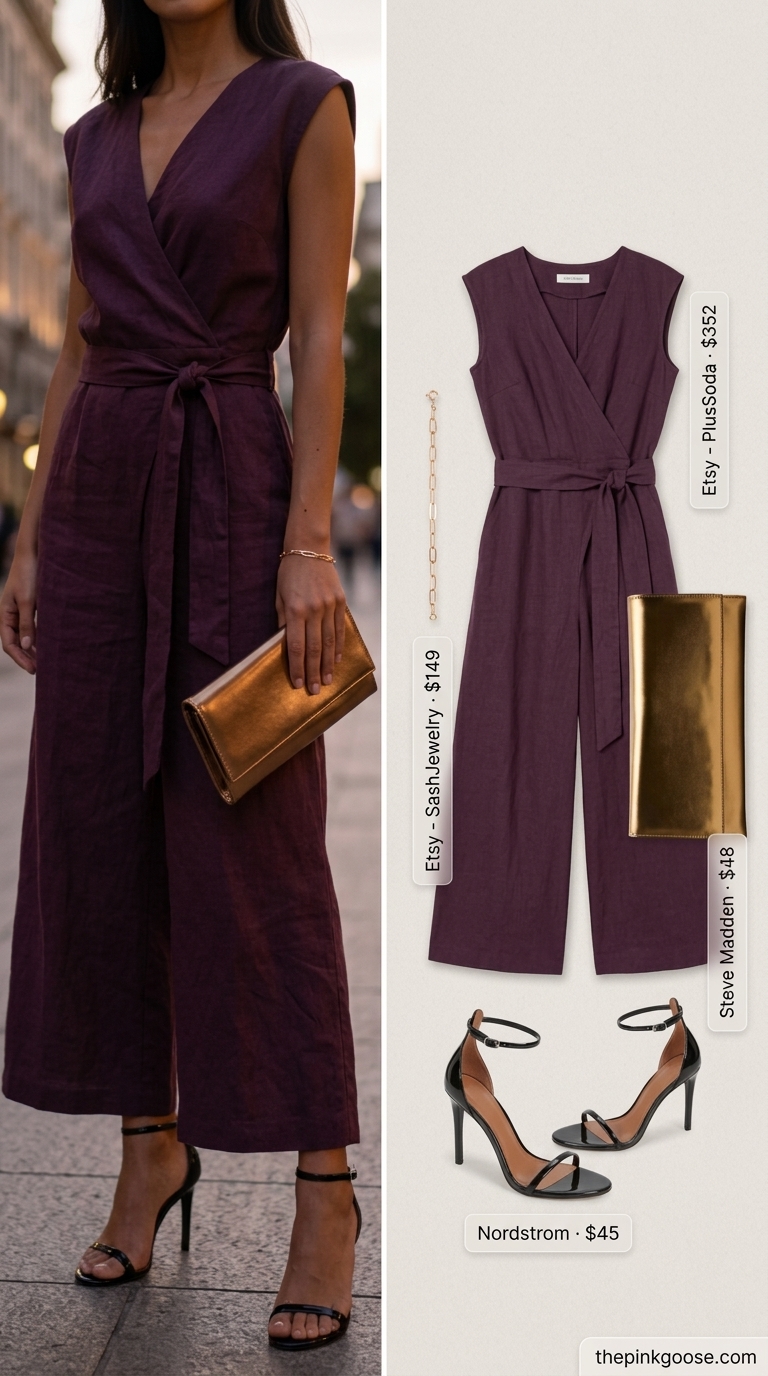 Deep plum linen summer romper outfit for women 2026, for a dinner date with black strappy heels and bronze clutch.