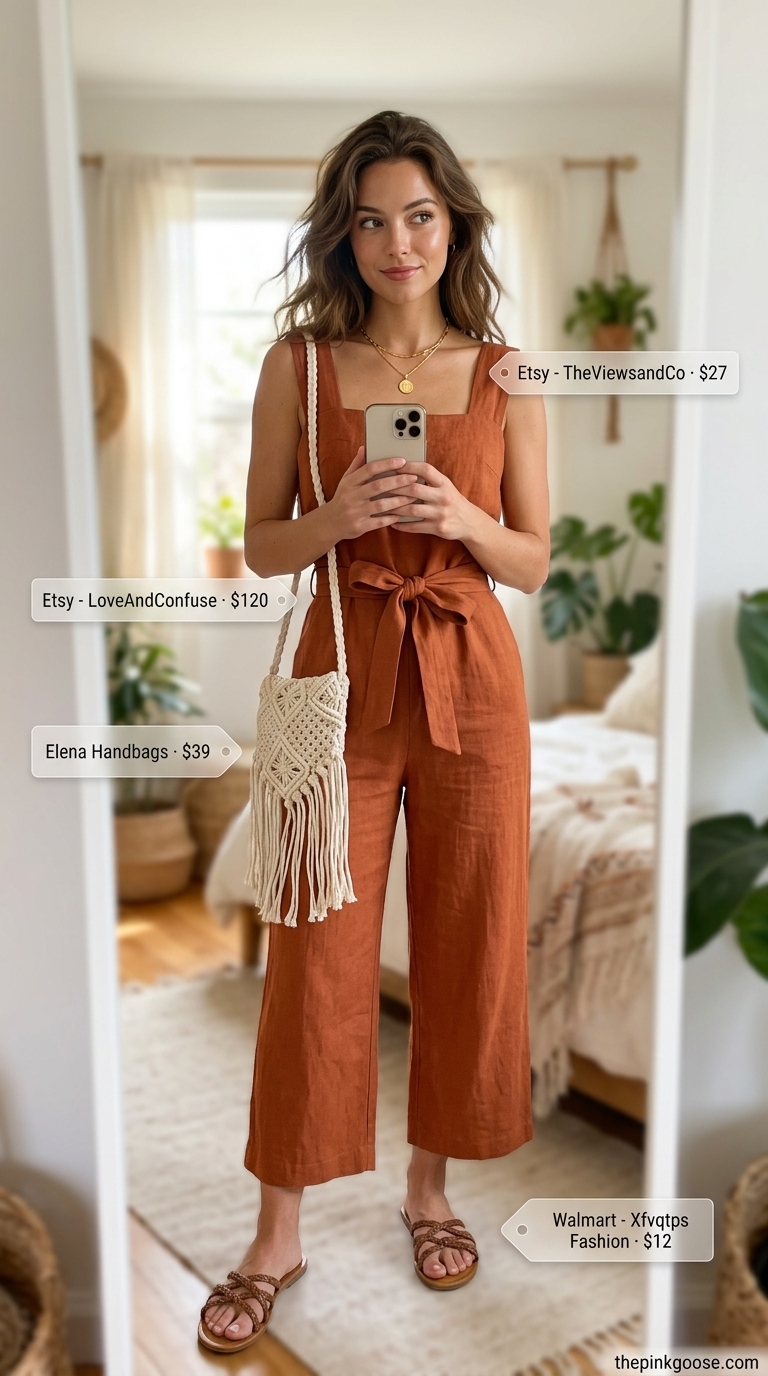 Rust orange linen summer romper outfit for women 2026, for a boho sunset soiree with woven sandals and macrame bag.