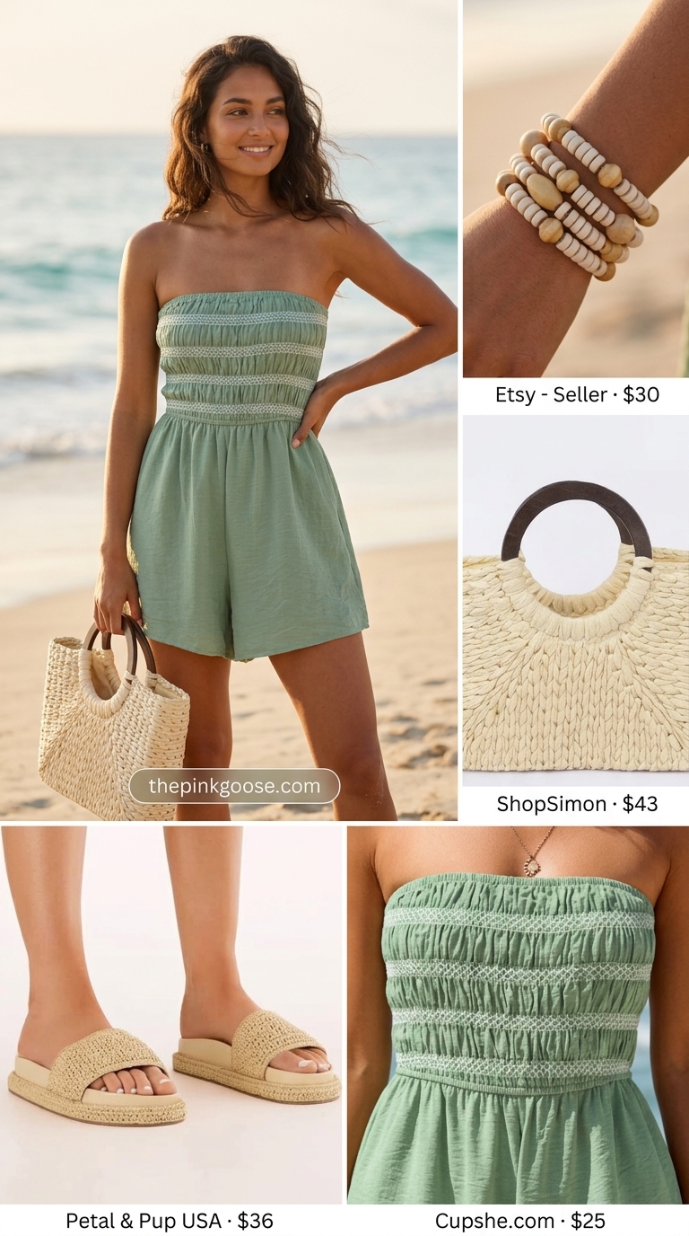 Sage green linen summer romper outfit for women 2026, perfect for a picnic with cream espadrilles and straw tote.