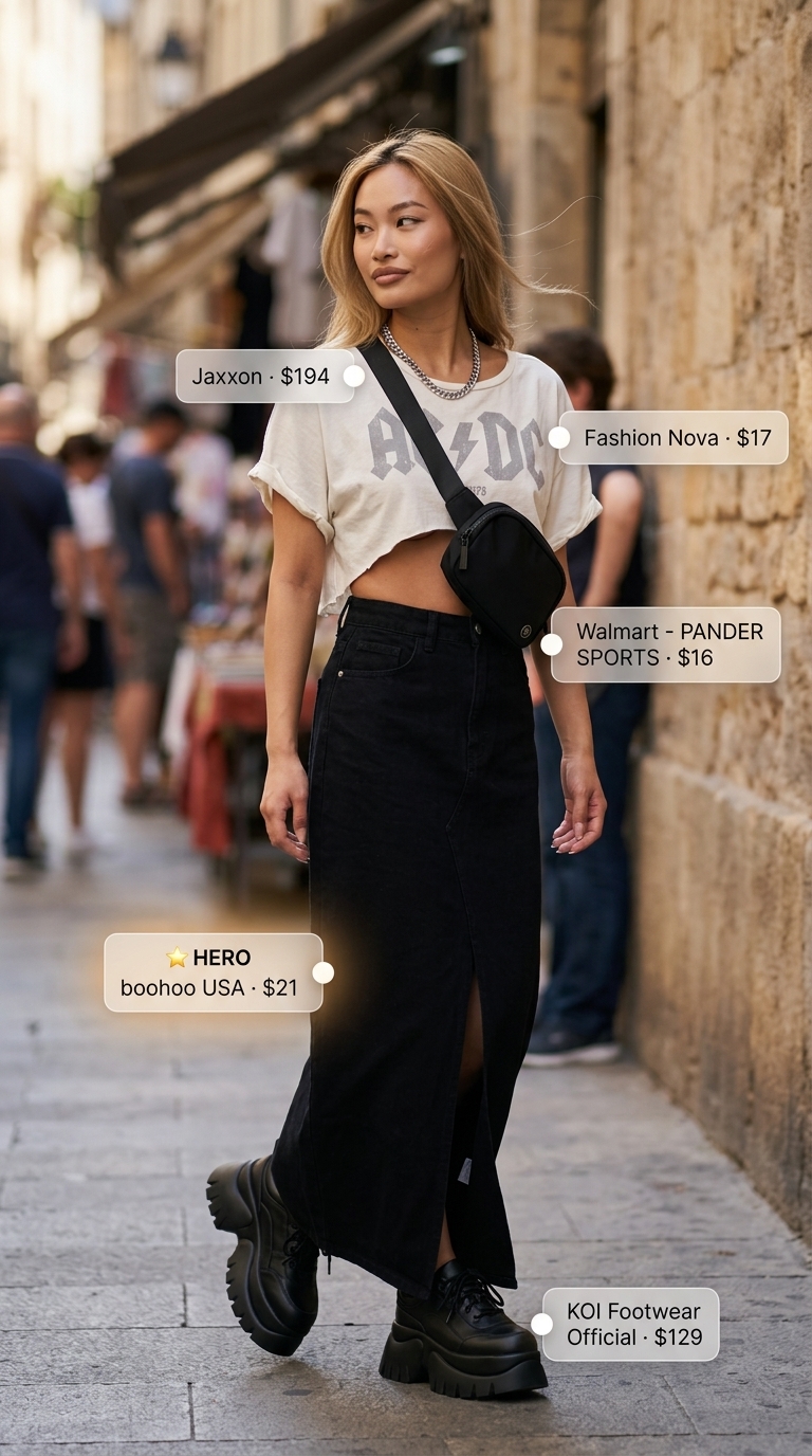 Black denim maxi skirt with graphic crop tee and chunky sneakers for an edgy urban look.