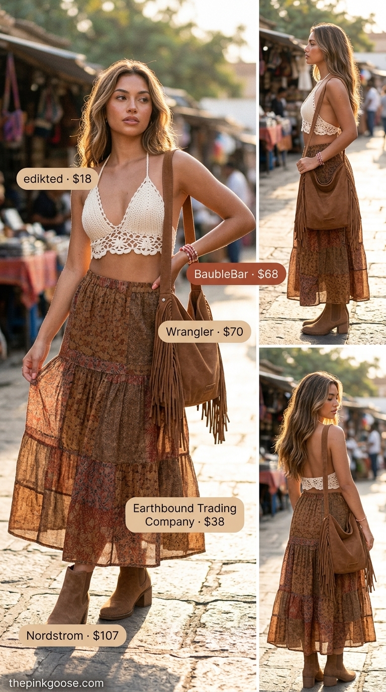 Boho maxi skirt with crop top outfits summer 2026: Floral print skirt, crochet crop top, suede boots.