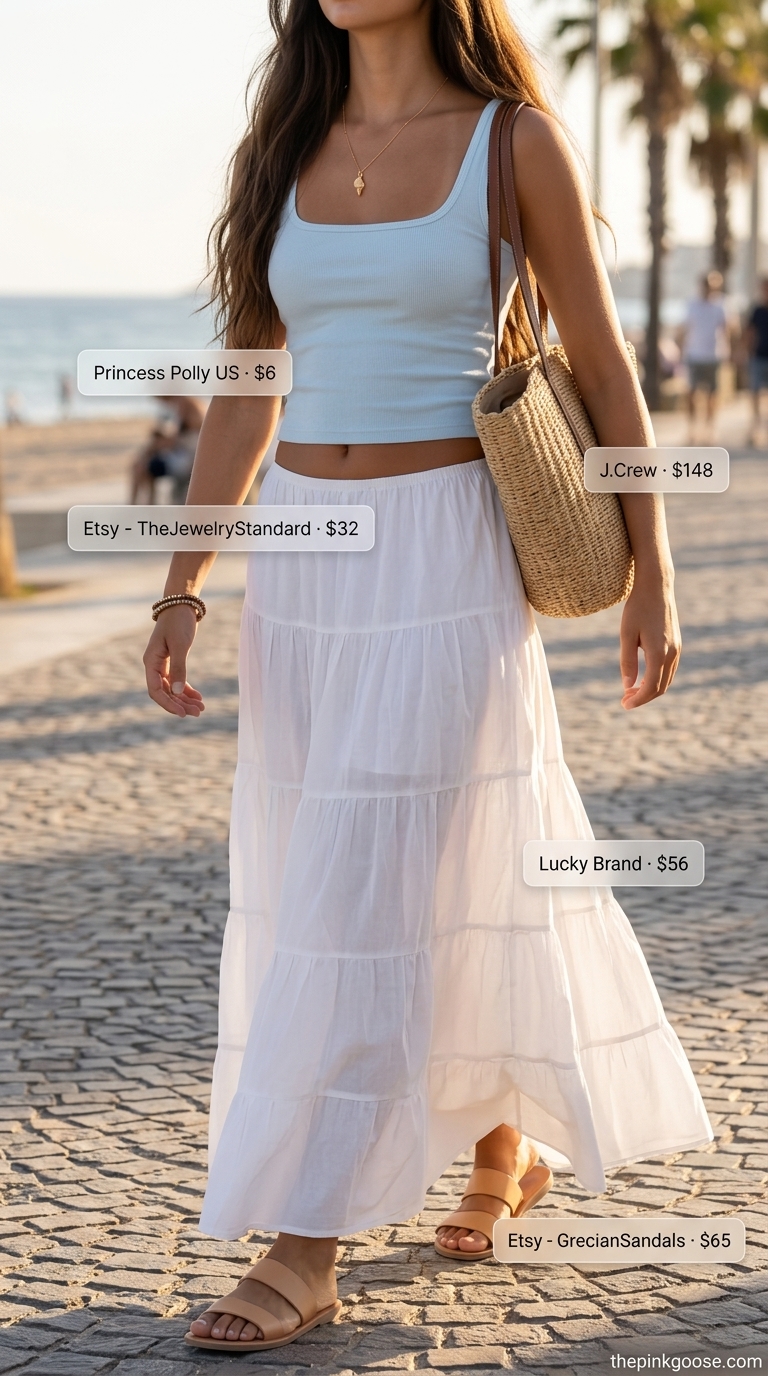 Coastal Breeze maxi skirt with crop top outfits summer 2026. White skirt, blue top, tan sandals for beach day.