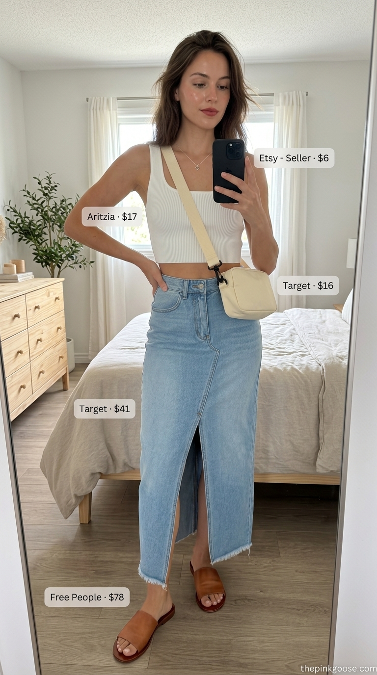Casual maxi skirt with crop top outfits summer 2026: Light blue denim maxi skirt, white tank crop top, tan slides.