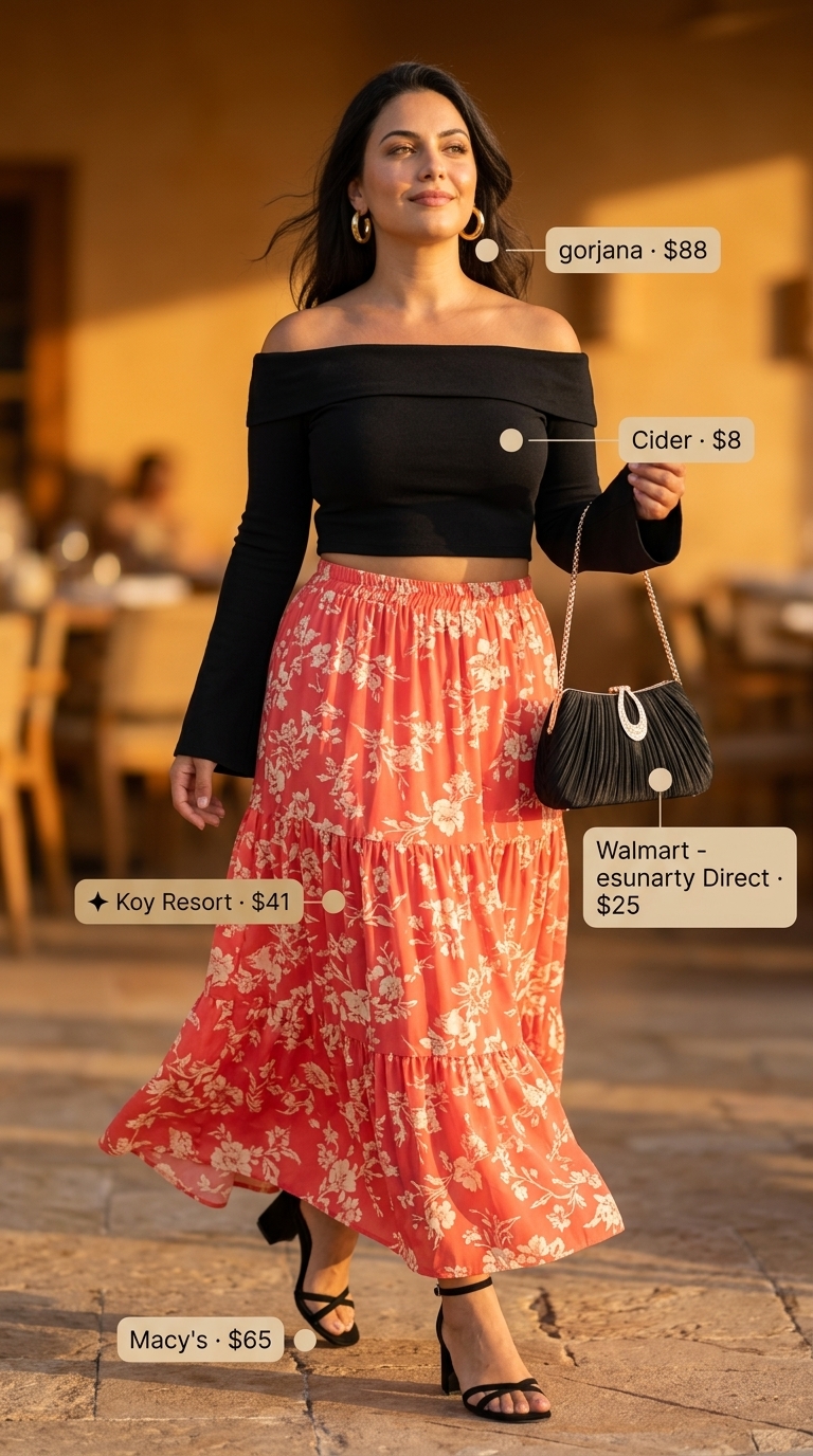 Coral maxi skirt with black off-the-shoulder crop top for a vibrant summer party or date night.