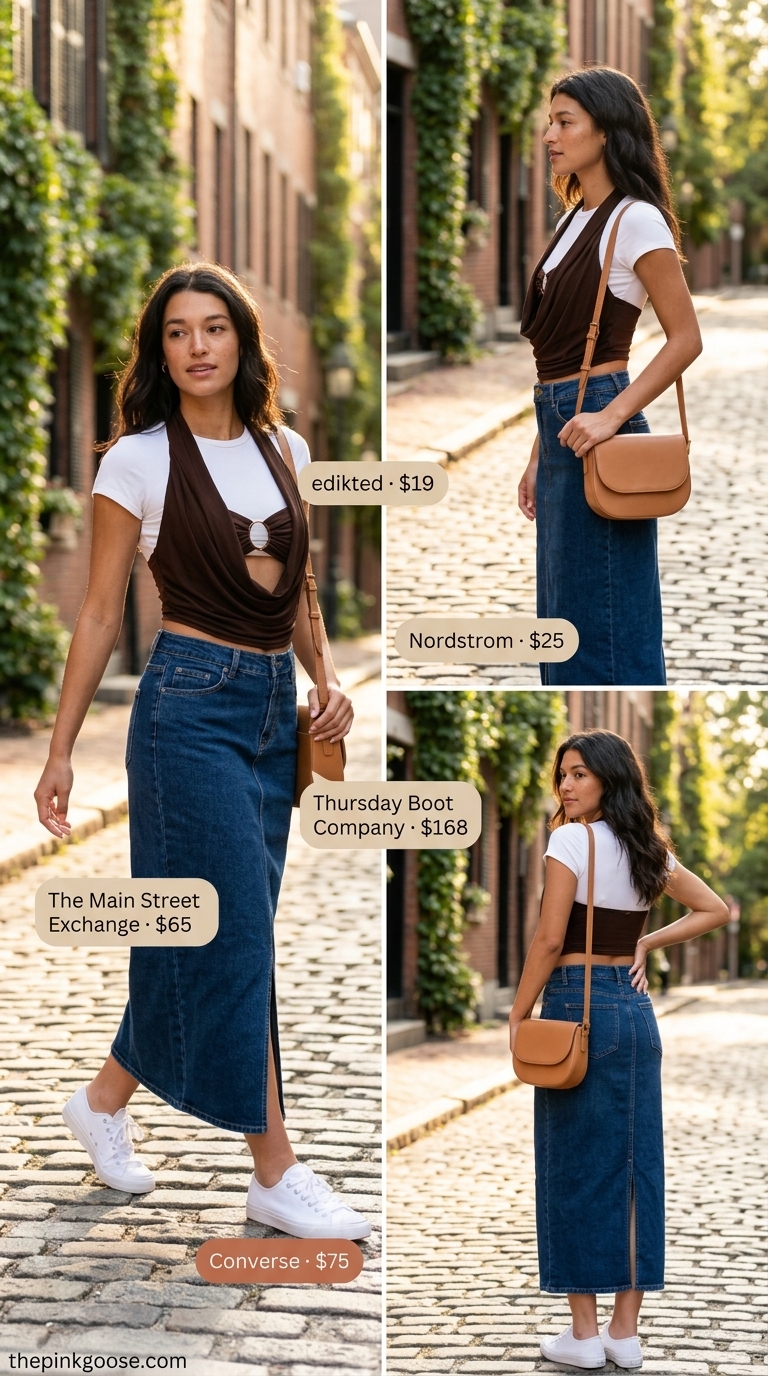 Dark wash denim maxi skirt with white fitted crop top for a classic casual day out.