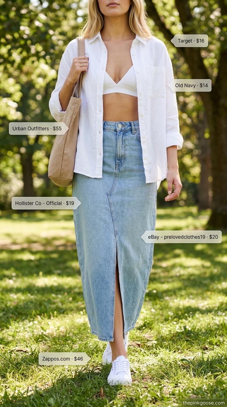 Light wash denim maxi skirt with white ribbed crop top and oversized linen shirt for casual day.
