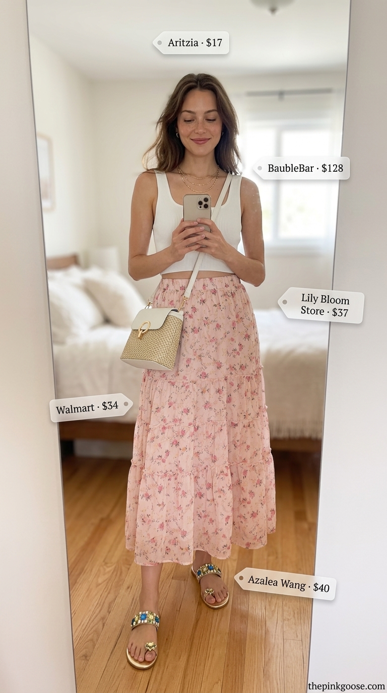 Romantic maxi skirt with crop top outfits summer 2026: Blush pink chiffon skirt, white square neck crop top, gold jewelry.