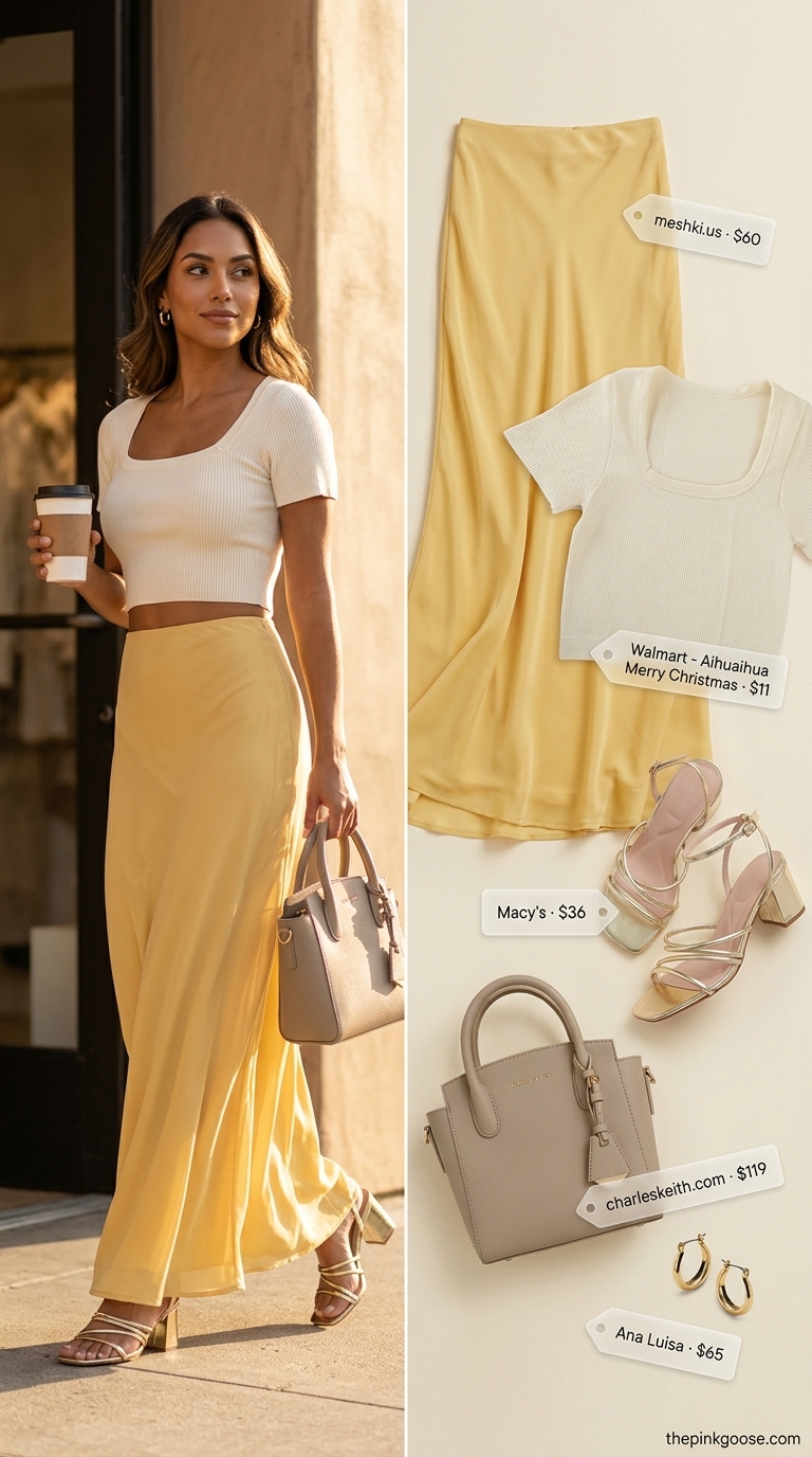 Golden Hour Goddess maxi skirt with crop top outfits summer 2026. Mustard skirt, cream top, gold sandals.