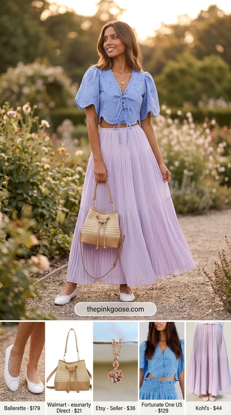 Lilac maxi skirt with white crop top outfit for a summer date or garden party. Ethereal and feminine.