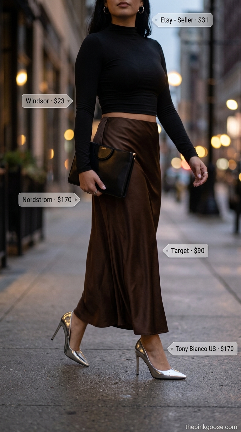 Chic maxi skirt with crop top outfits summer 2026: Chocolate brown silk skirt, black mock neck crop top, silver heels.