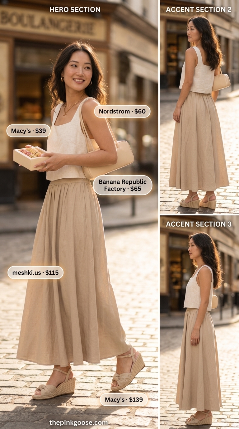 Sophisticated maxi skirt with crop top outfits summer 2026: Beige linen skirt, cream crop top, espadrille wedges.