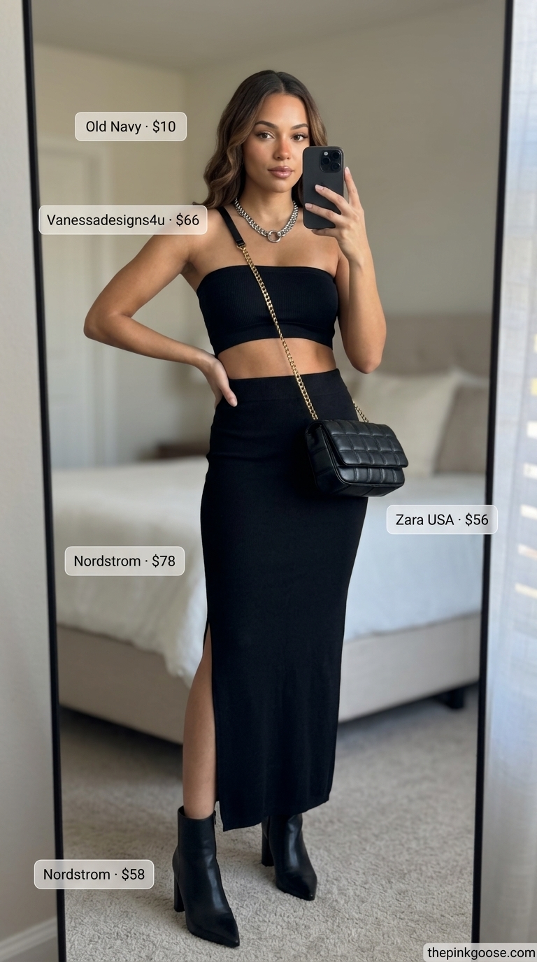 Monochrome Maven maxi skirt with crop top outfits summer 2026. Black skirt, black bandeau top, silver boots.