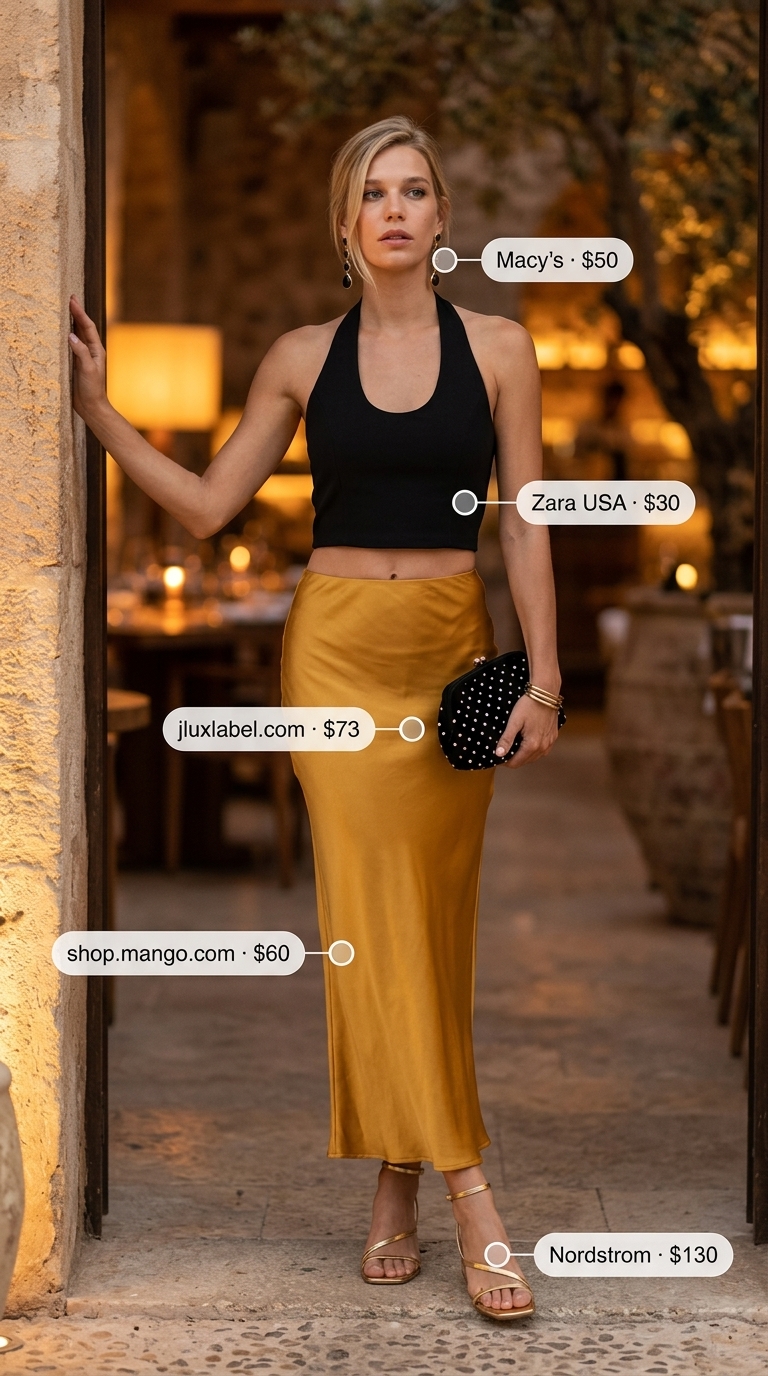 Mustard yellow satin maxi skirt with black halter crop top for a sophisticated summer dinner.