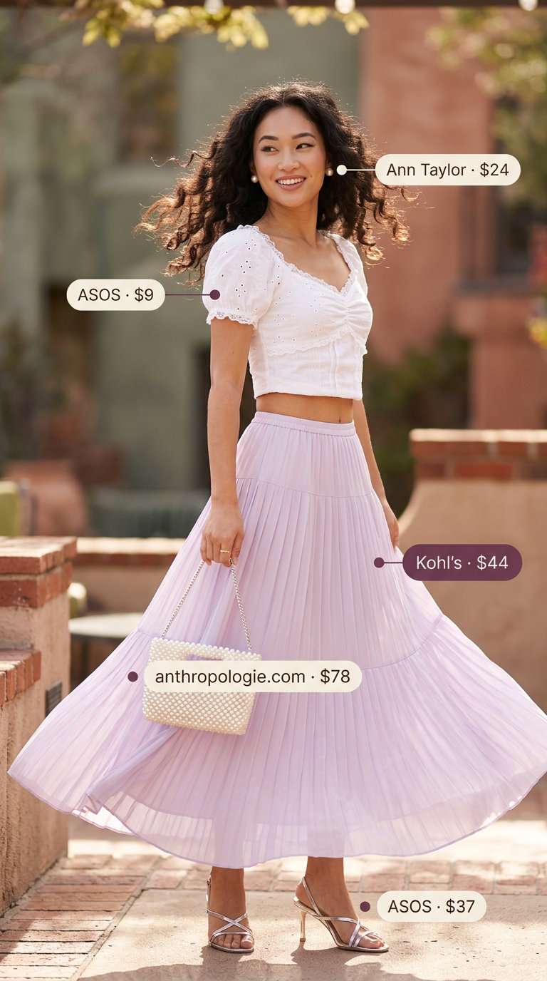 Feminine maxi skirt with crop top outfits summer 2026: Lilac pleated skirt, white eyelet crop top, silver sandals.