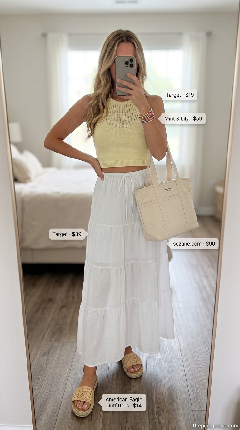 Seaside Serenity maxi skirt with crop top outfits summer 2026. White tiered skirt, crochet top, espadrilles.