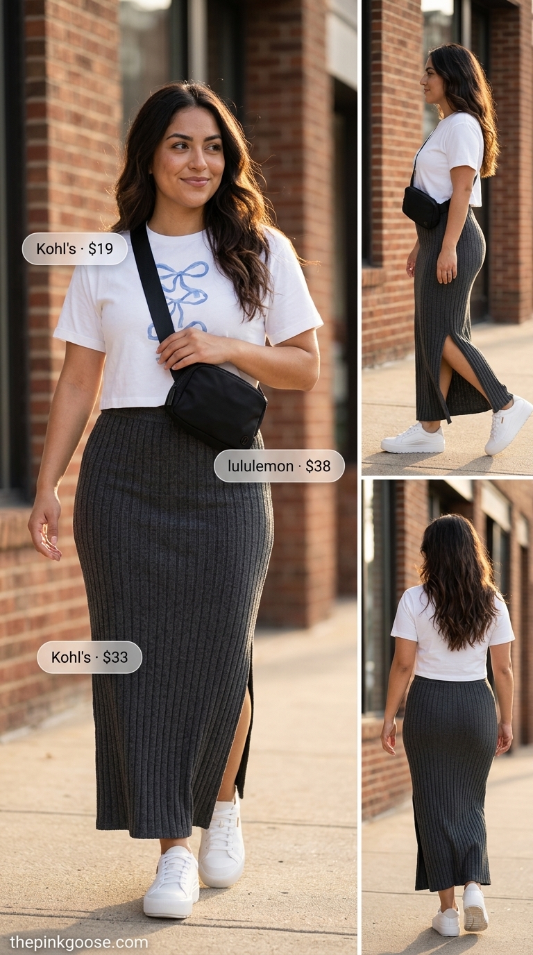 Sporty maxi skirt with crop top outfits summer 2026: Grey ribbed skirt, graphic tee crop top, white sneakers.